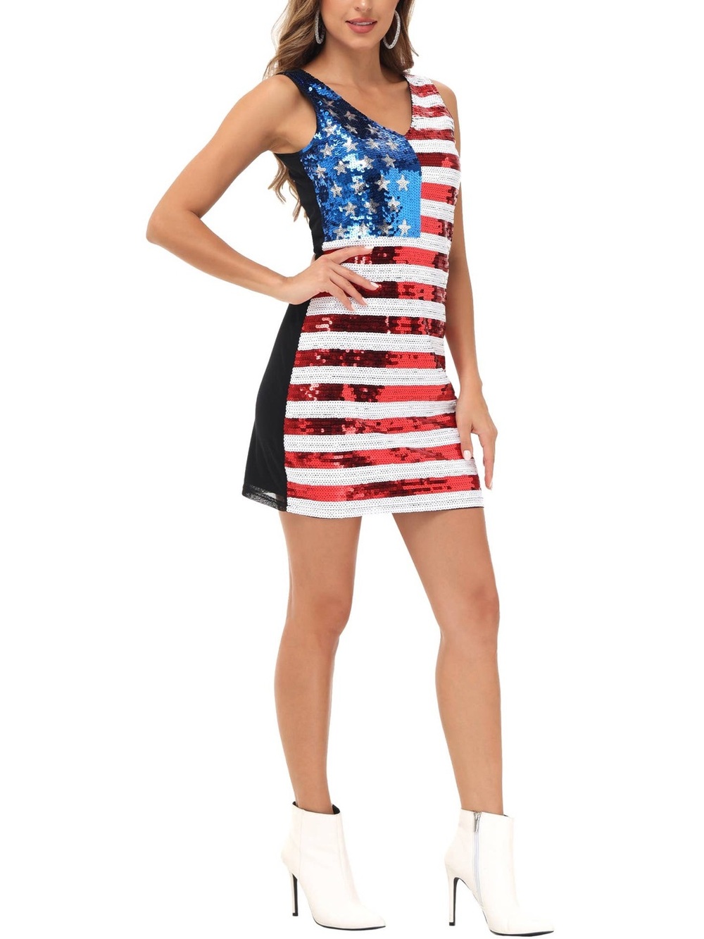 Sequin American Flag V-Neck Mini Dress in Red, White & Blue